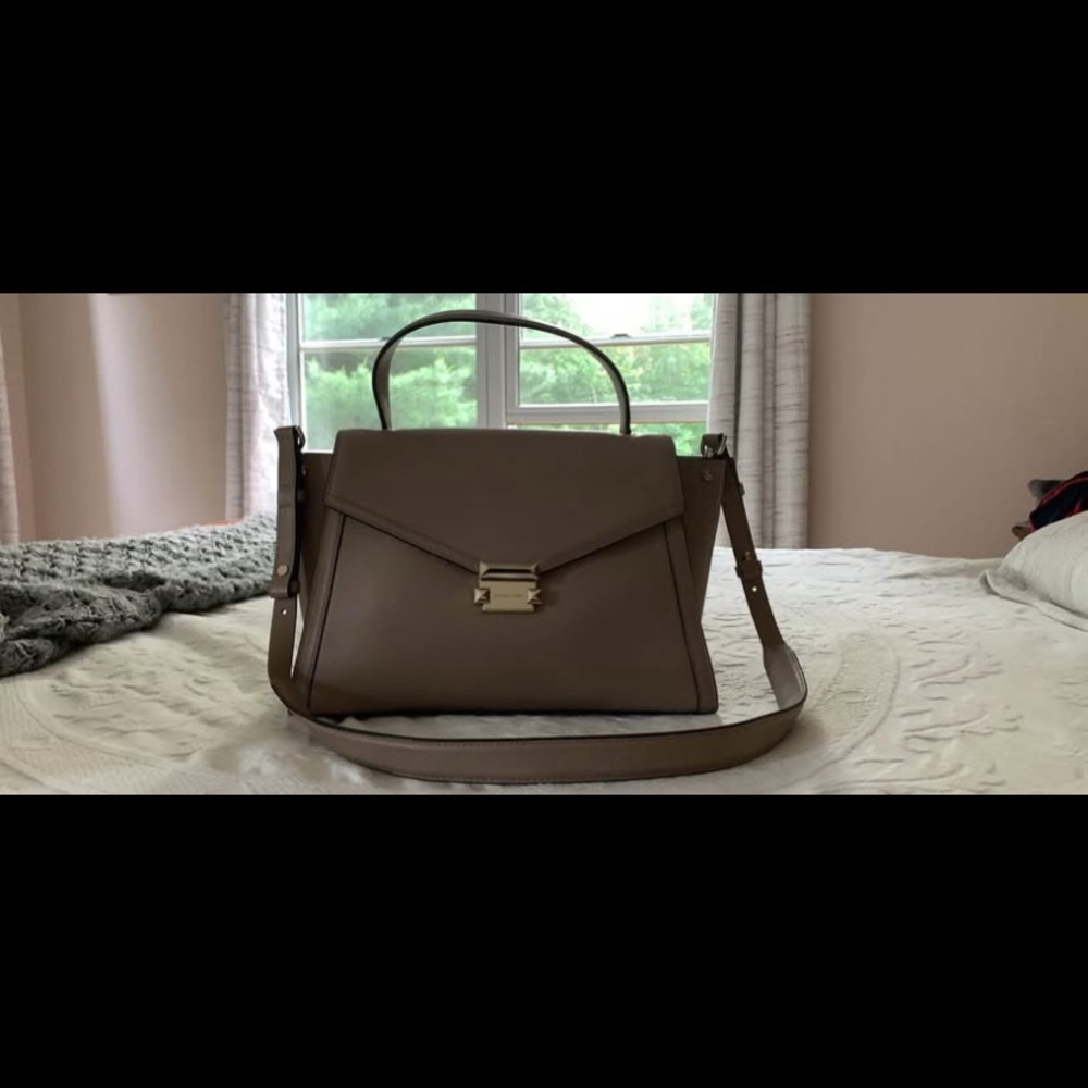 Michael Kors Taupe Structured Leather Satchel with Gold-Tone Lock